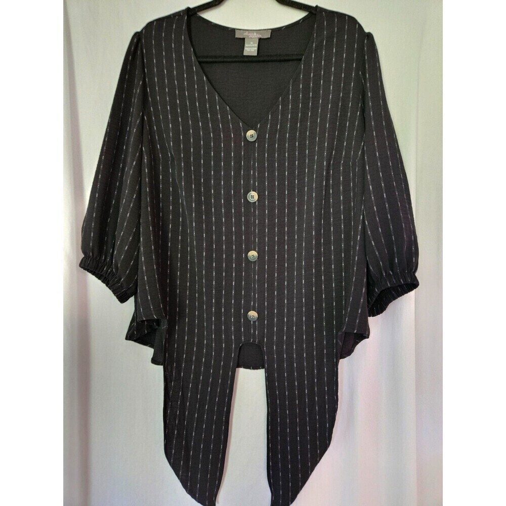 Olivia & Martin Sz 1X Peasant Boho Blouse Black/Gray‎ Knot/Tie Front w/button